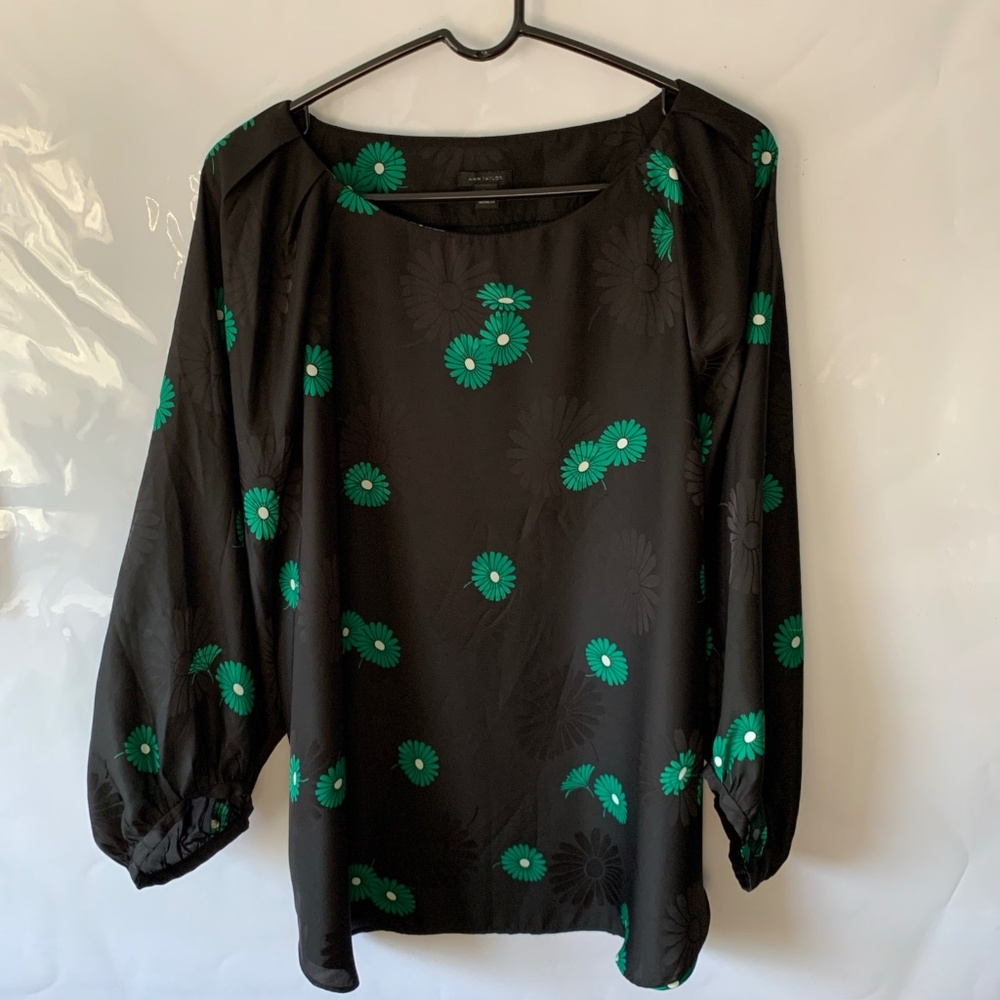 Ann Taylor Balloon Sleeve Womens XXL Black Floral Print Pullover Blouse